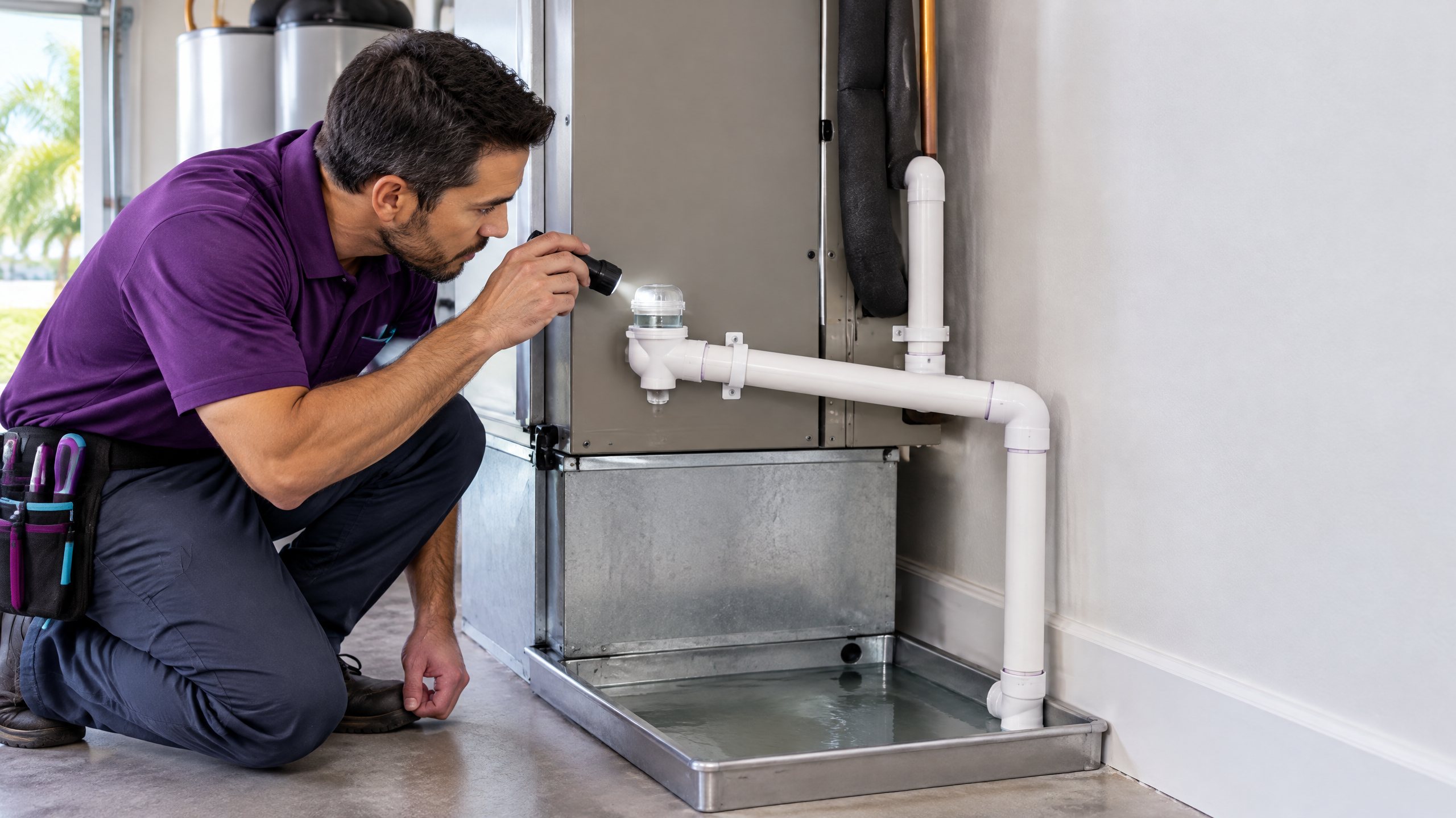 HVAC technician inspecting a residential AC condensate drain line and secondary pan