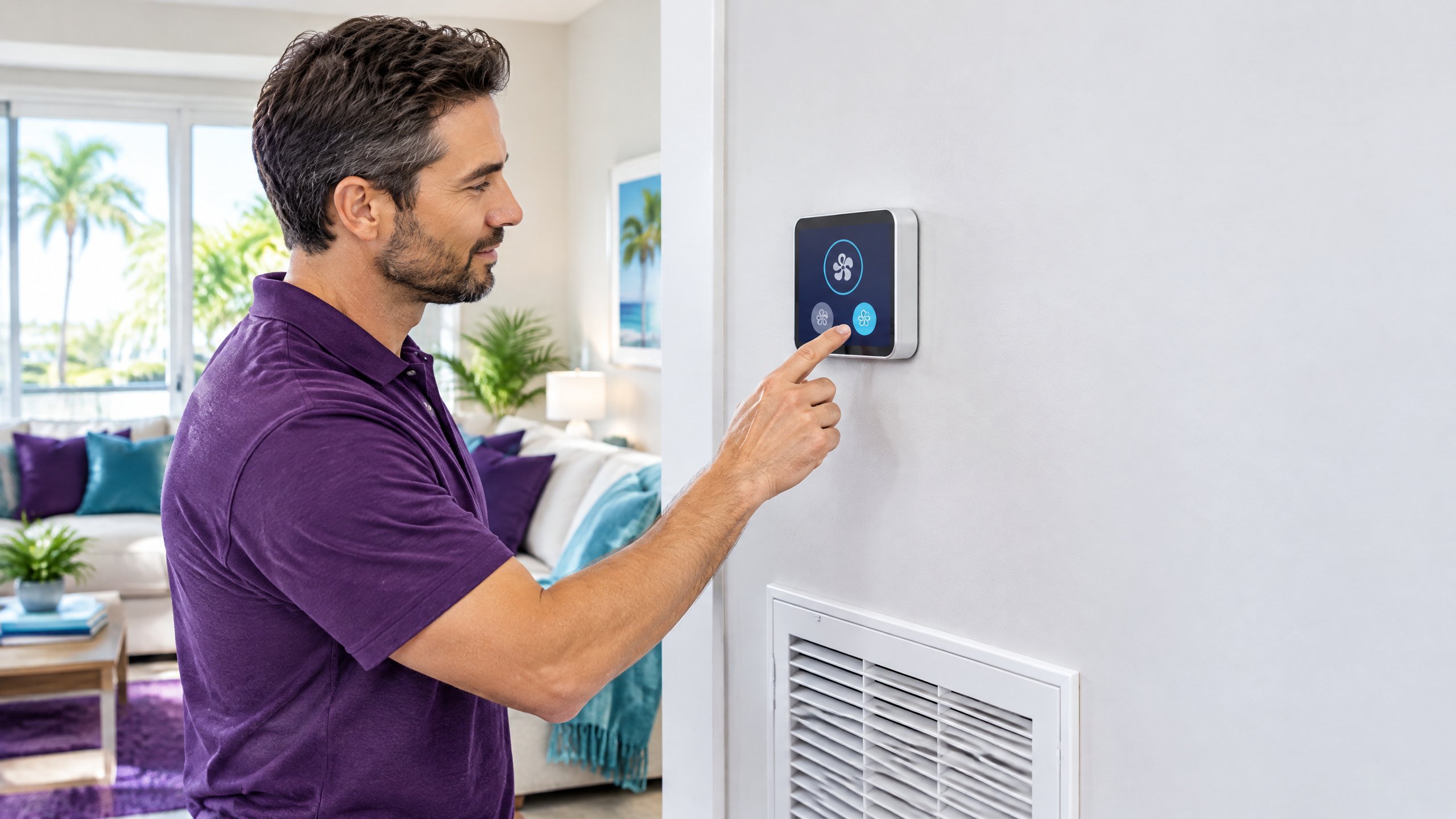 Tampa homeowner selecting the fan mode on a wall thermostat