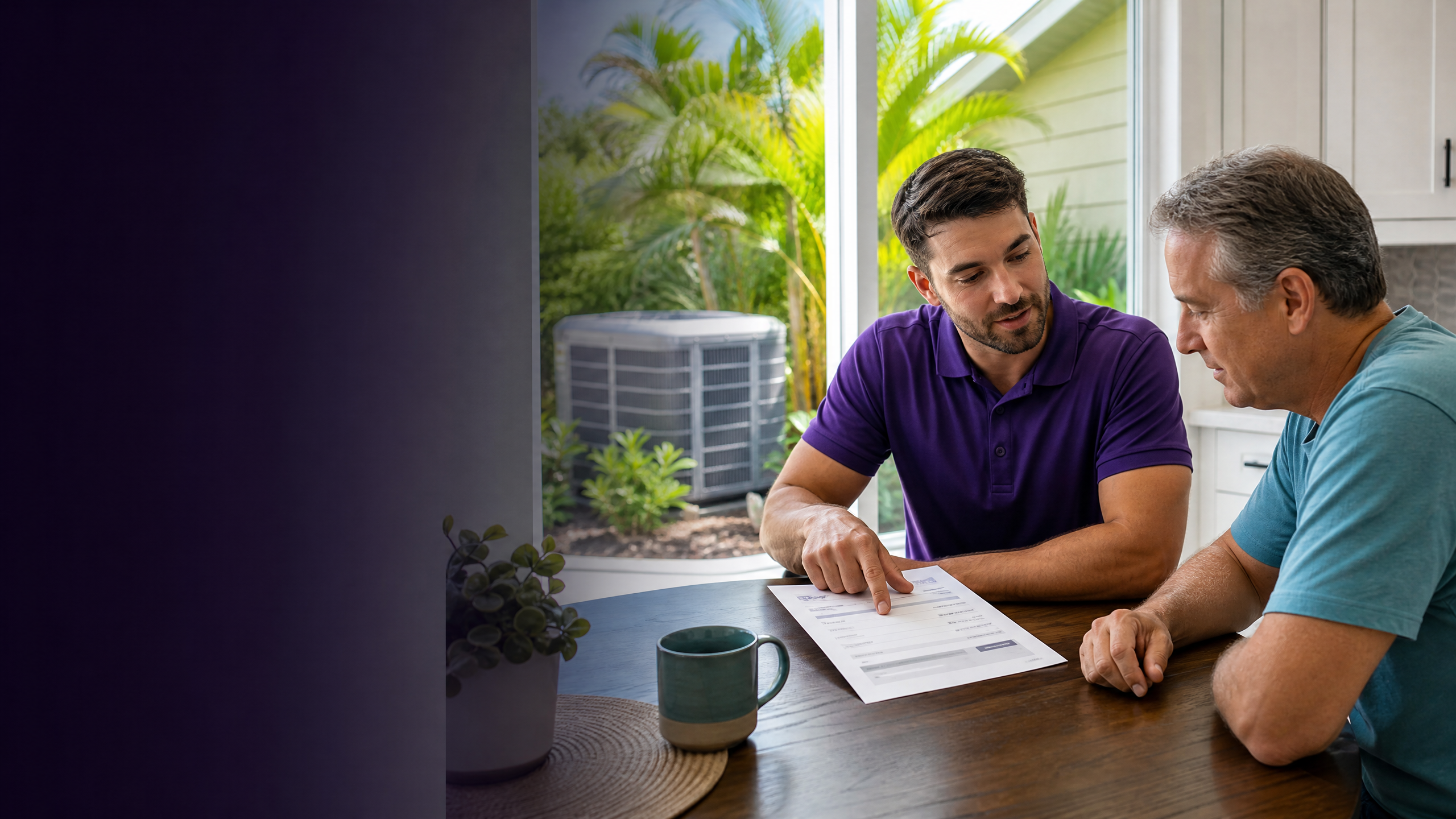 Tampa homeowner reviewing an itemized AC replacement quote with a local HVAC technician