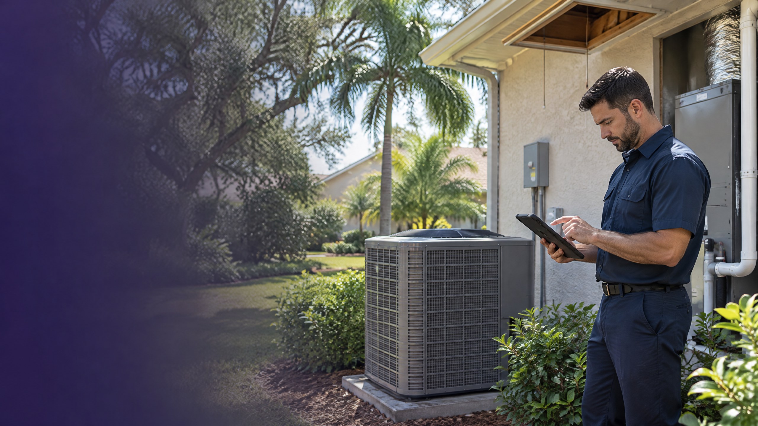 HVAC technician reviewing a residential air conditioner load calculation at a Tampa-area home