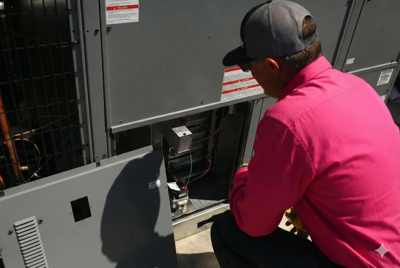 HVAC technician inspecting an AC unit in Tampa